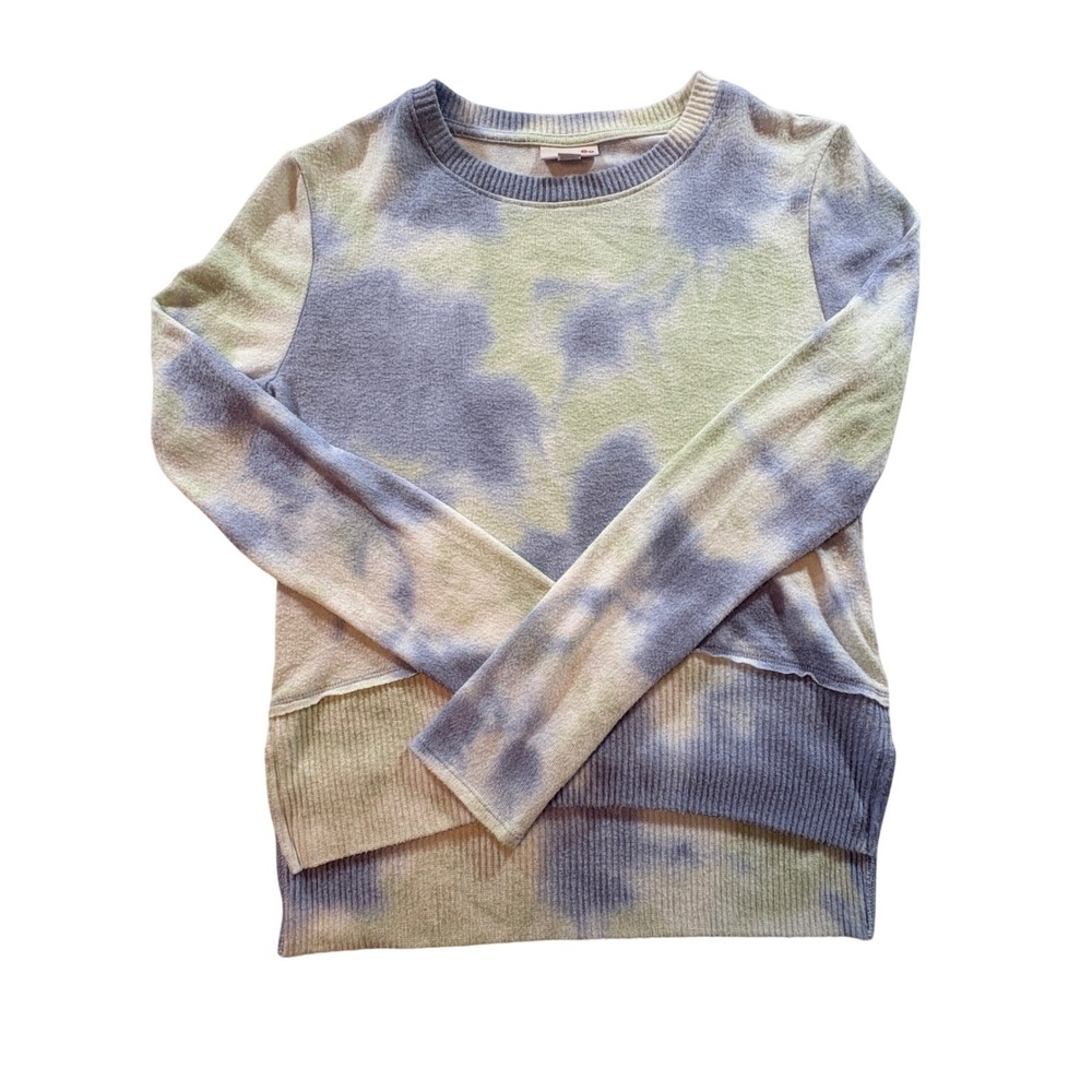 SO Tie Dye Sweater Womens XS Blue Green Crewneck Ribbed High Low Hem Pullover